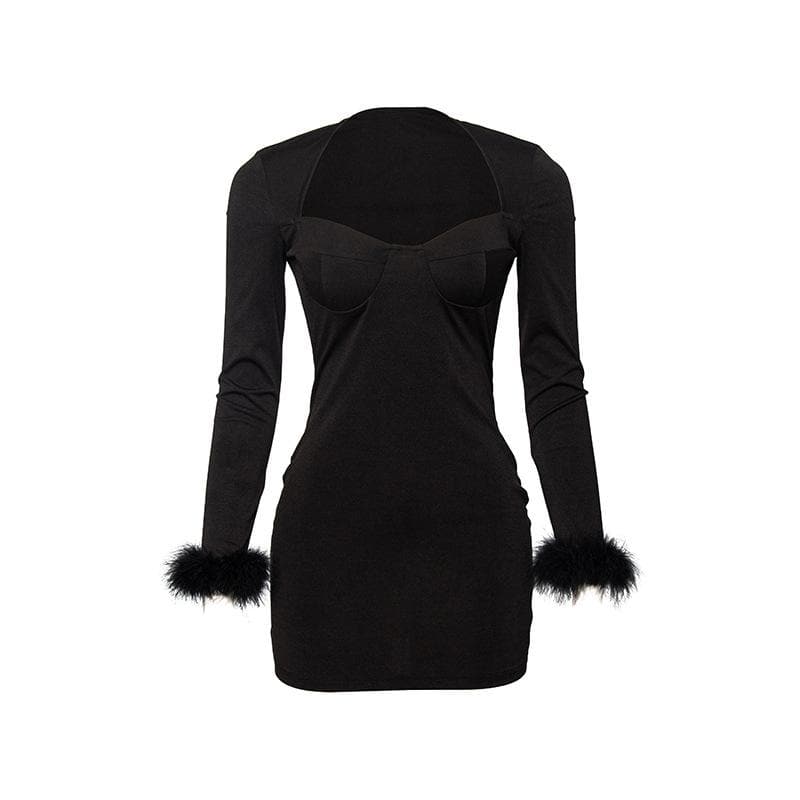 Feather Patchwork Long Sleeve Low Cut Mini Dress