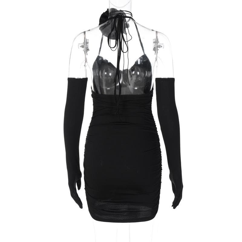 3D Flower Halter Neck Ruched Bodycon Mini Dress