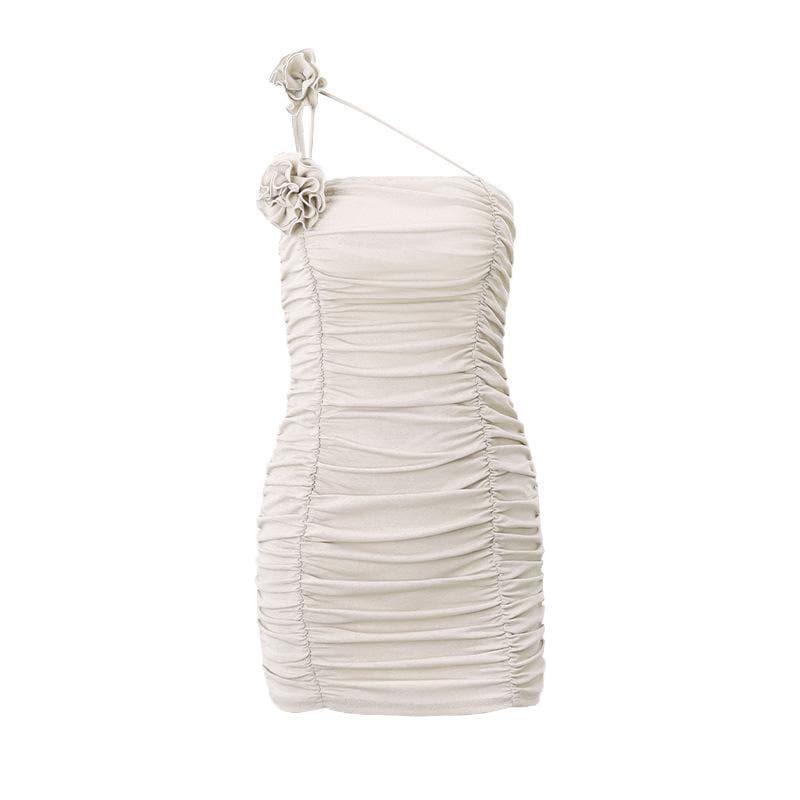 One Shoulder Flower Applique Ruched Bodycon Mini Dress