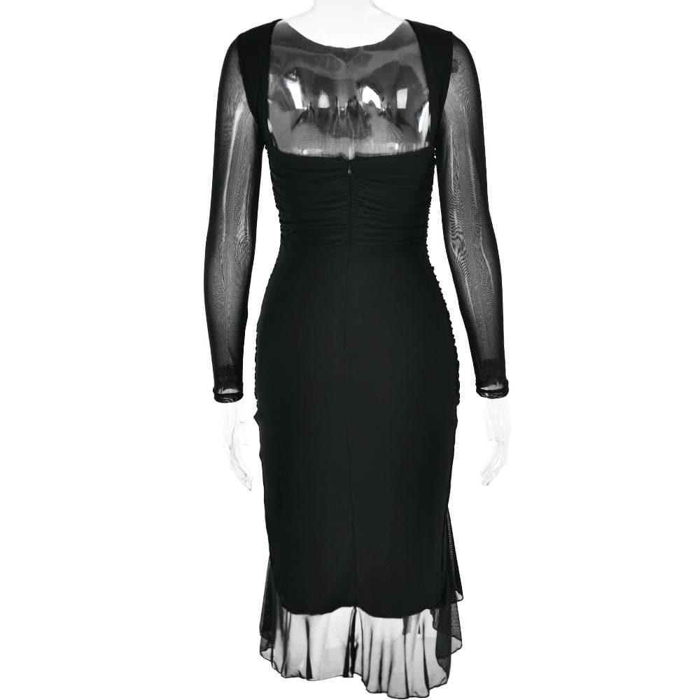Mesh Ruched Long Sleeve Backless Ruffle Midi Dress