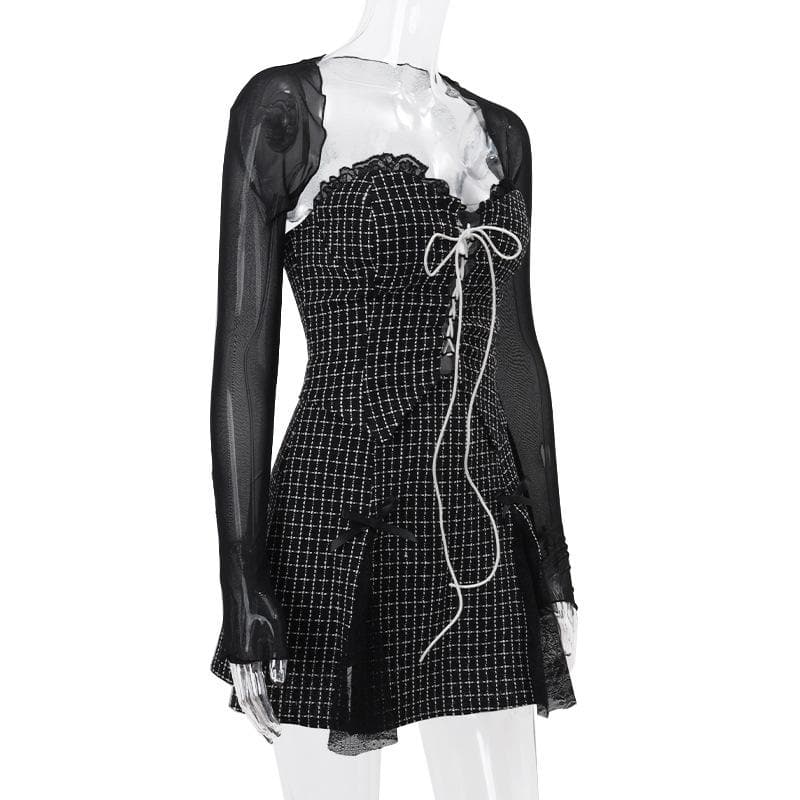 Plaid Lace Up Front Mini Dress and Sheer Mesh Shrug Two Piece Set 7