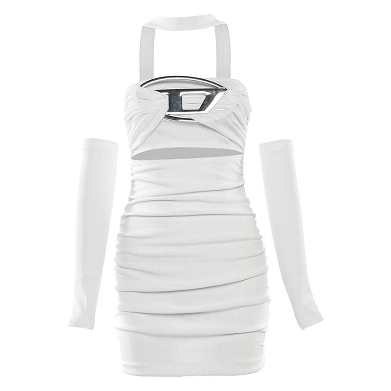 Glove Halter Neck Cut Out Ruched Bodycon Mini Dress