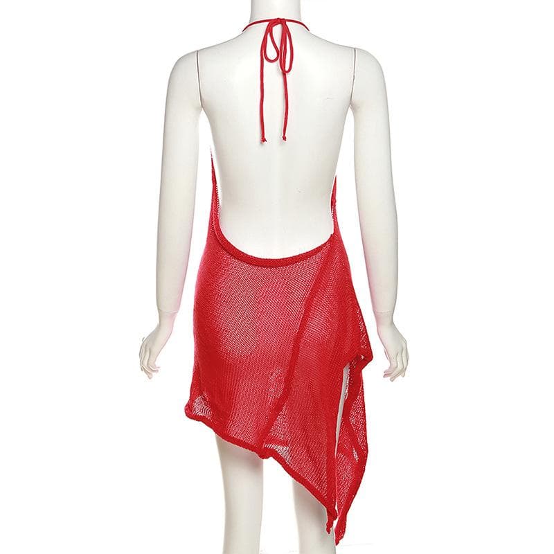 Knit Halter Neck Backless High Low Mini Dress