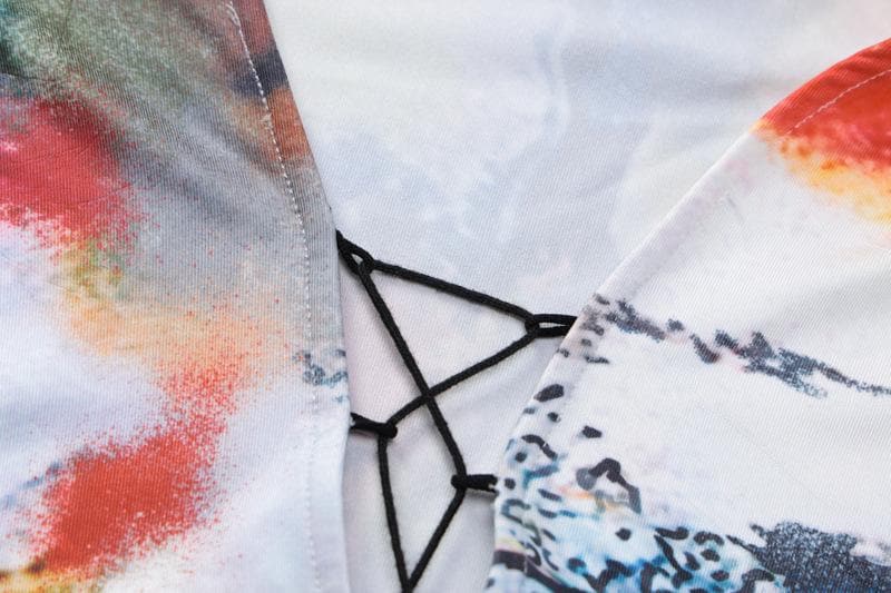 Lace up contrast flared sleeve self tie tie dye mini dress - View 7