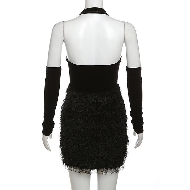 Mesh Halter Neck Glove Sleeve Cut Out Fringe Mini Dress