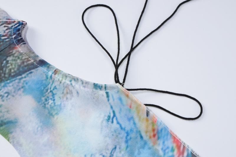 Lace up contrast flared sleeve self tie tie dye mini dress - View 6