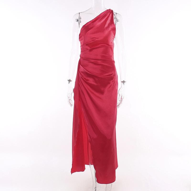 Slit solid satin one shoulder irregular ruched maxi dress 2