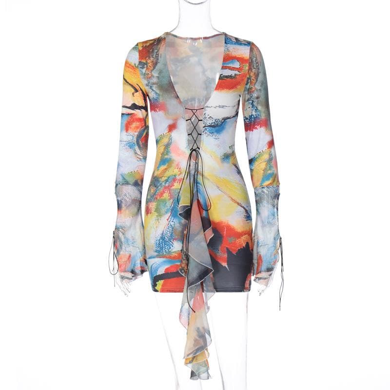 Lace up contrast flared sleeve self tie tie dye mini dress - View 9