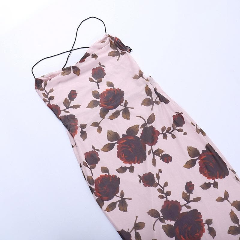 Floral Print Cowl Neck Cross Back Slip Midi Dress