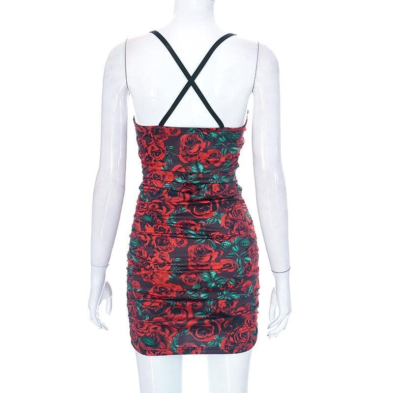 Floral Print Lace Trim Spaghetti Strap Ruched Bodycon Mini Dress