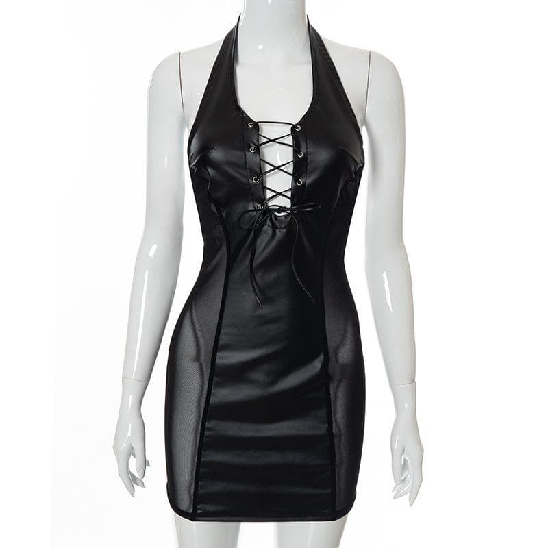 Faux Leather Lace Up Halter Neck Mesh Panel Bodycon Mini Dress 7