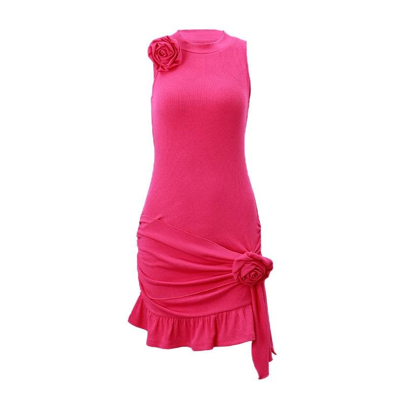Ribbed Knit Sleeveless Flower Applique Ruffle Asymmetric Mini Dress