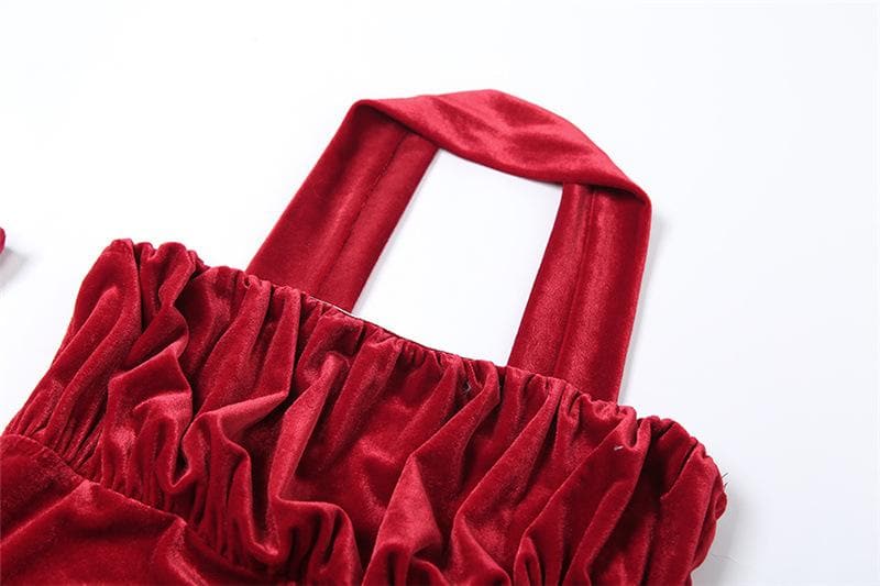 Velvet Halter Neck Glove Sleeve Ruched Bodycon Mini Dress