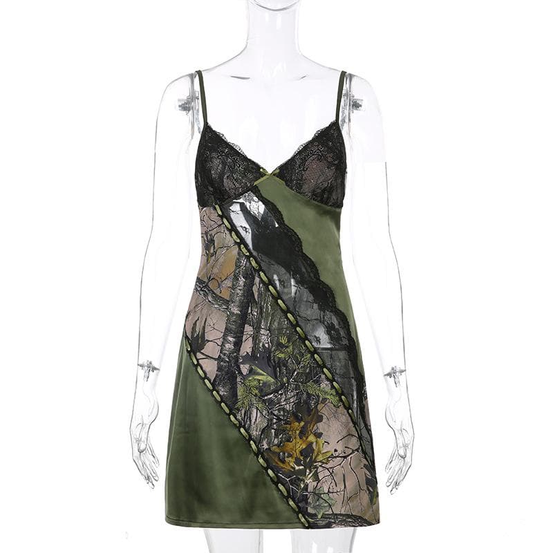 Lace Trim Forest Print Patchwork Spaghetti Strap Bodycon Mini Dress
