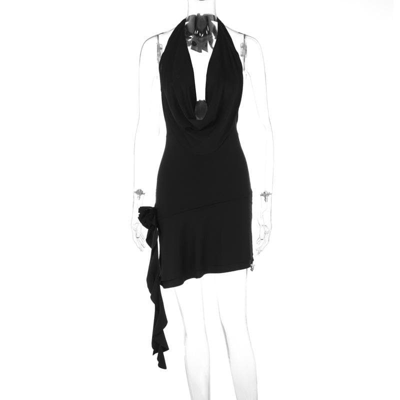 Halter Deep Cowl Neck Backless Ruffle Mini Dress