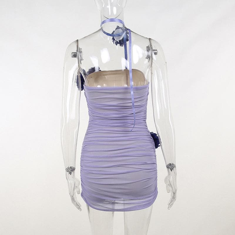 Strapless Rosette Ruched Mesh Backless Bodycon Mini Dress
