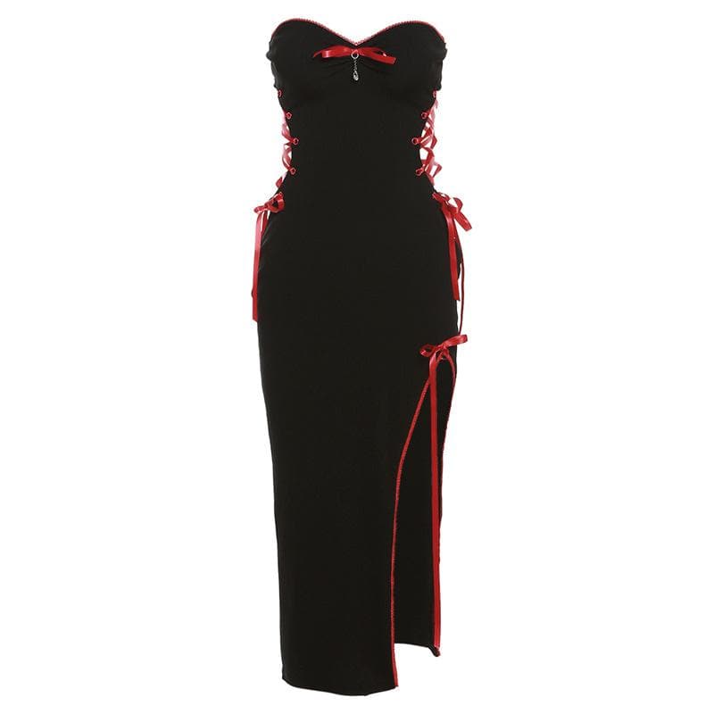 Lace up contrast irregular slit sweetheart neck midi dress - View 2