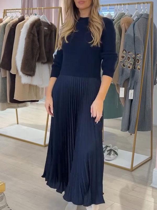 High Neck Long Sleeve Knit Pleated Faux Two Piece Maxi Dress 5