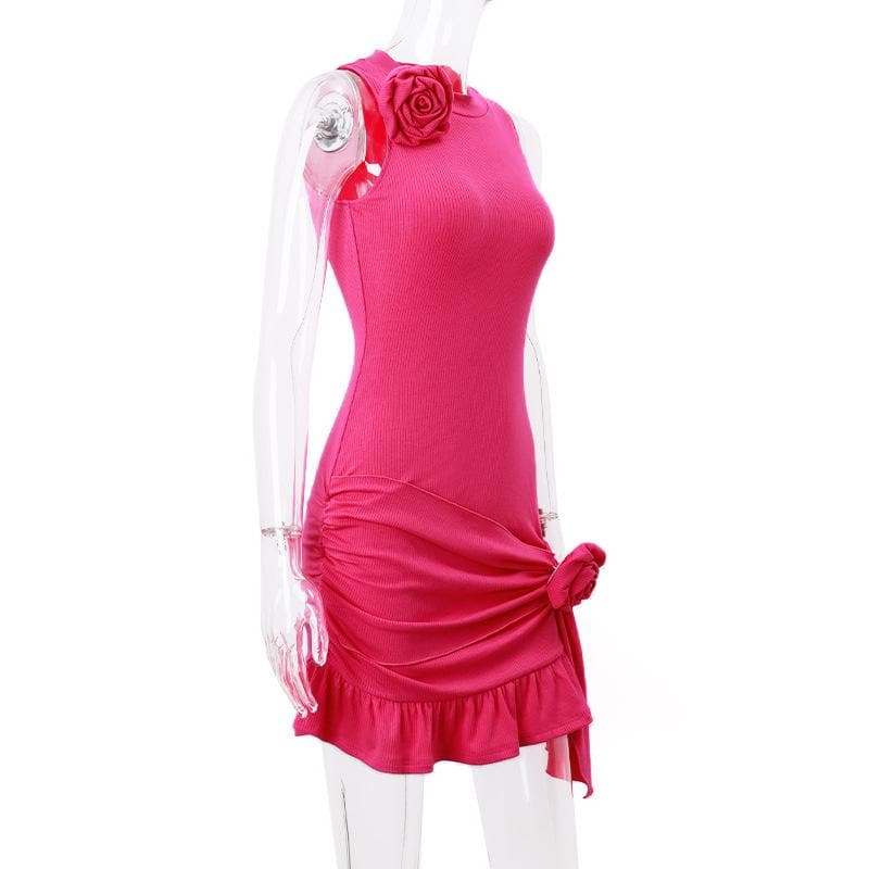 Ribbed Knit Sleeveless Flower Applique Ruffle Asymmetric Mini Dress
