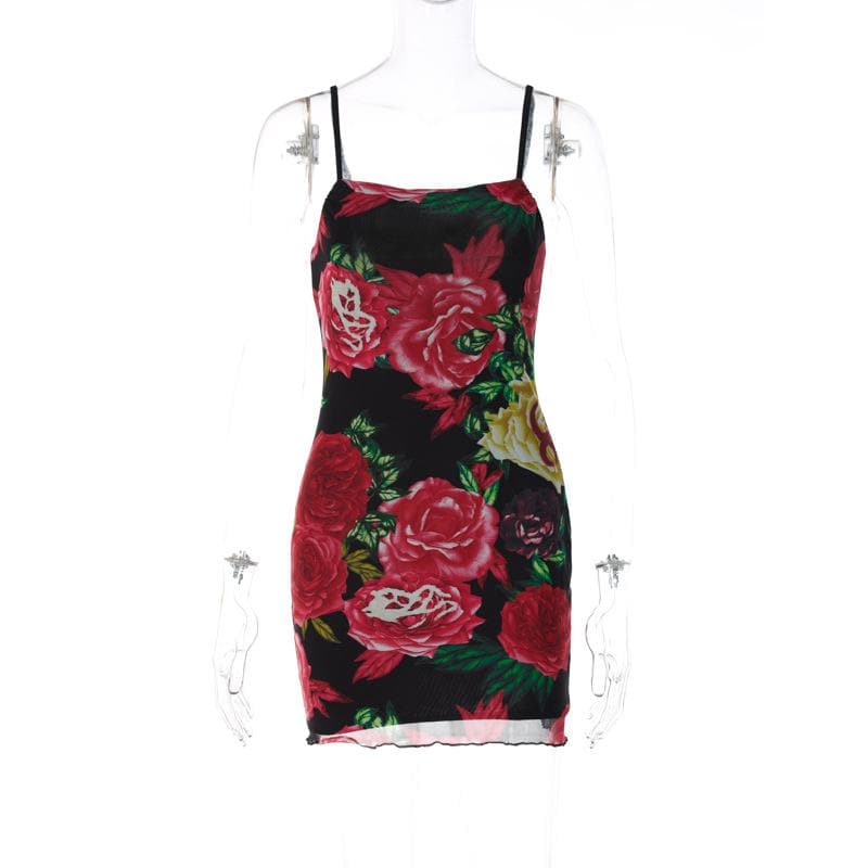 Rose Floral Print Square Neck Spaghetti Strap Bodycon Mini Dress