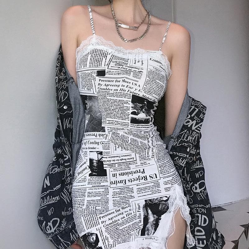 Newspaper Print Lace Trim Spaghetti Strap Sweetheart High Split Mini Dress