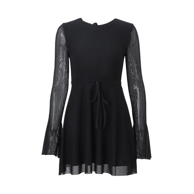Long flared sleeve crewneck self tie mesh backless mini dress 9