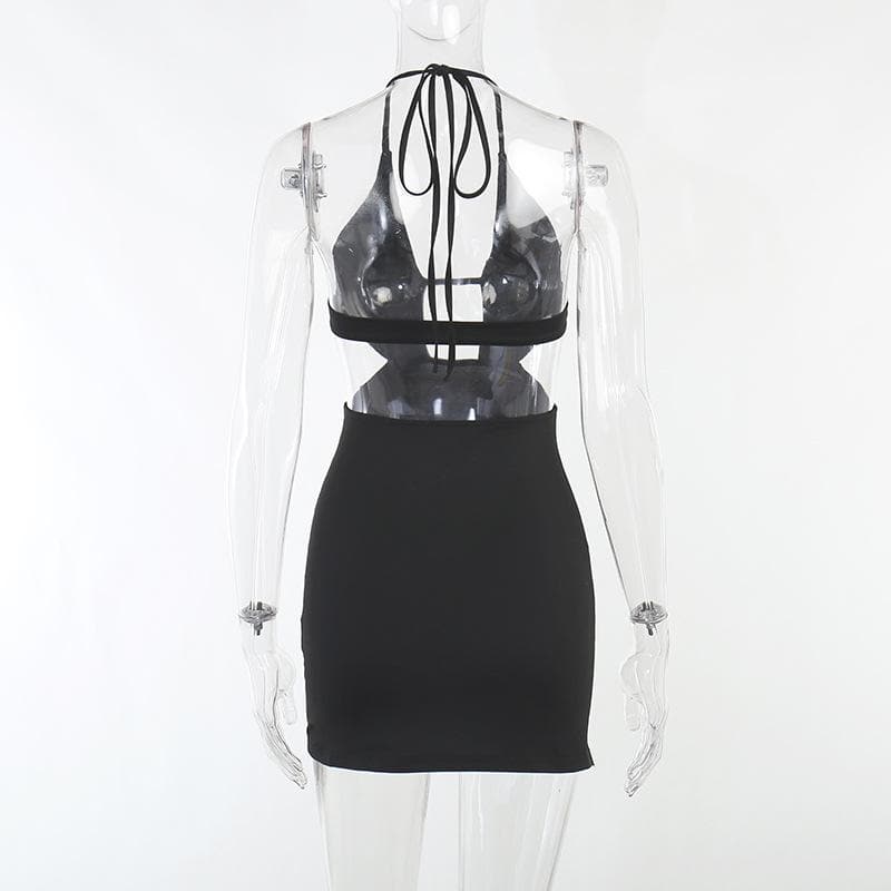 Beaded Halter Neck Cut Out High Split Bodycon Mini Dress