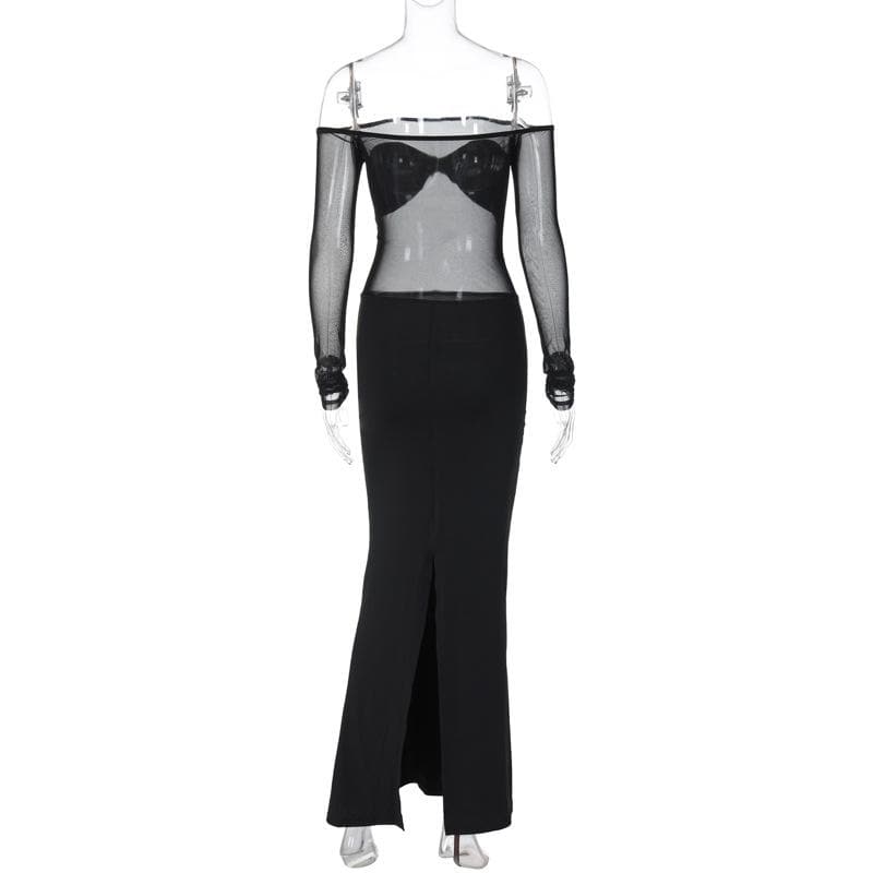 Ruched mesh patchwork off shoulder long sleeve slit maxi dress 4