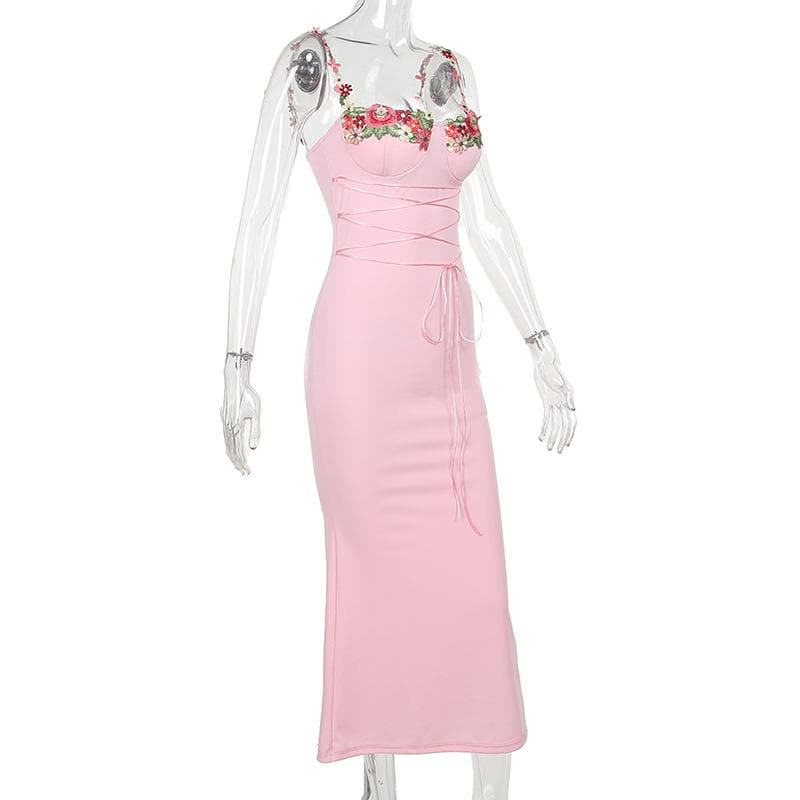 Floral Embroidery Sweetheart Lace Up Mermaid Maxi Dress