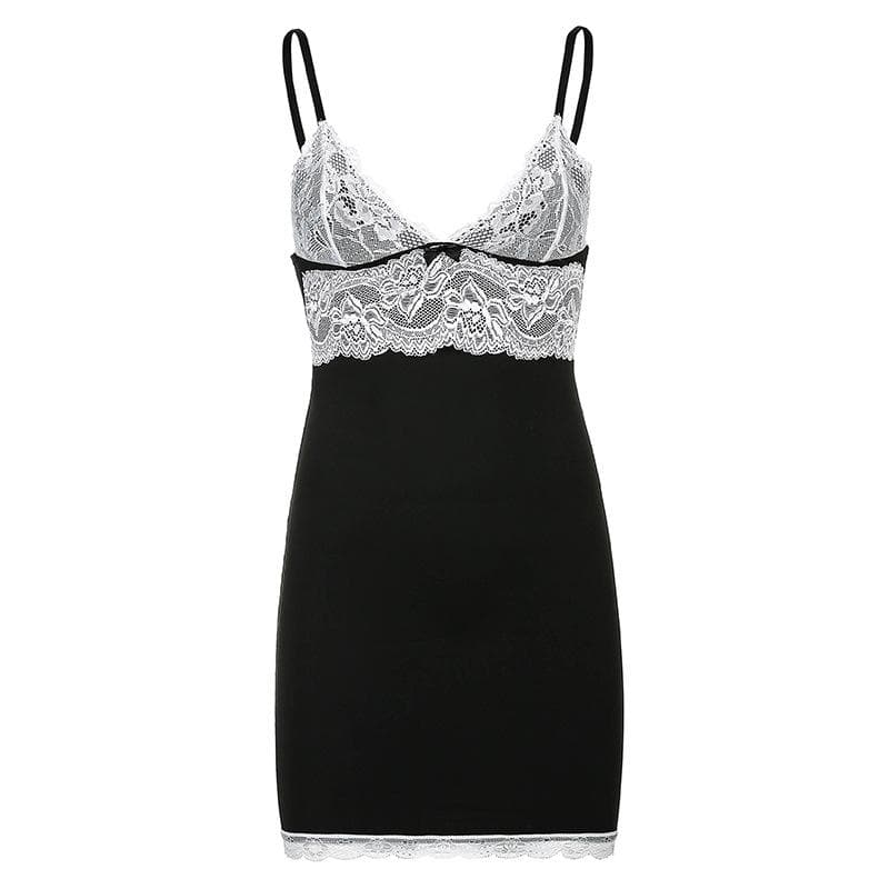 Lace embroidery V neck bowknot cami mini dress - View 2
