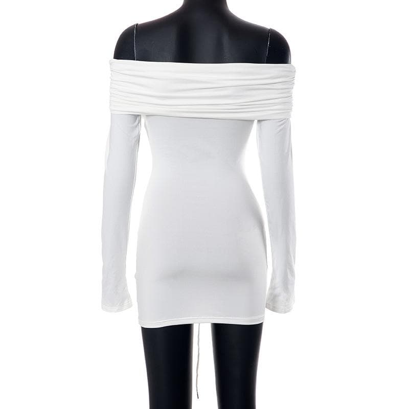 Lace up long sleeve off shoulder ruched solid mini dress 4