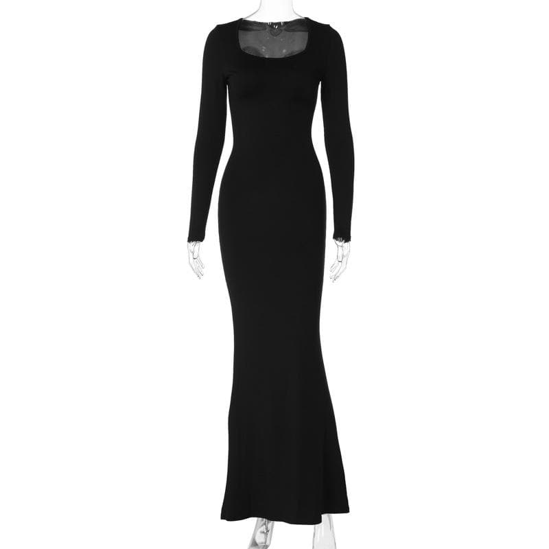 Lace up solid long sleeve square neck maxi dress 2