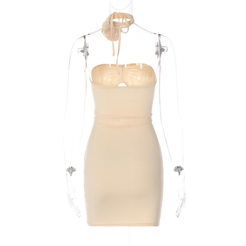 Halter Ruched Flower Applique Bodycon Mini Dress