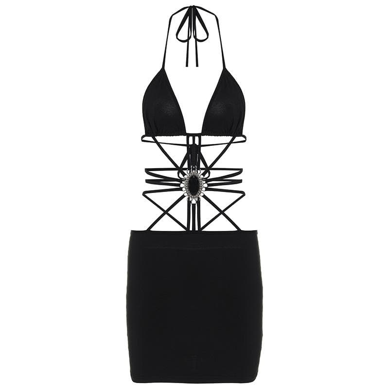 Halter Neck Strappy Cut Out Stone Applique Bodycon Mini Dress