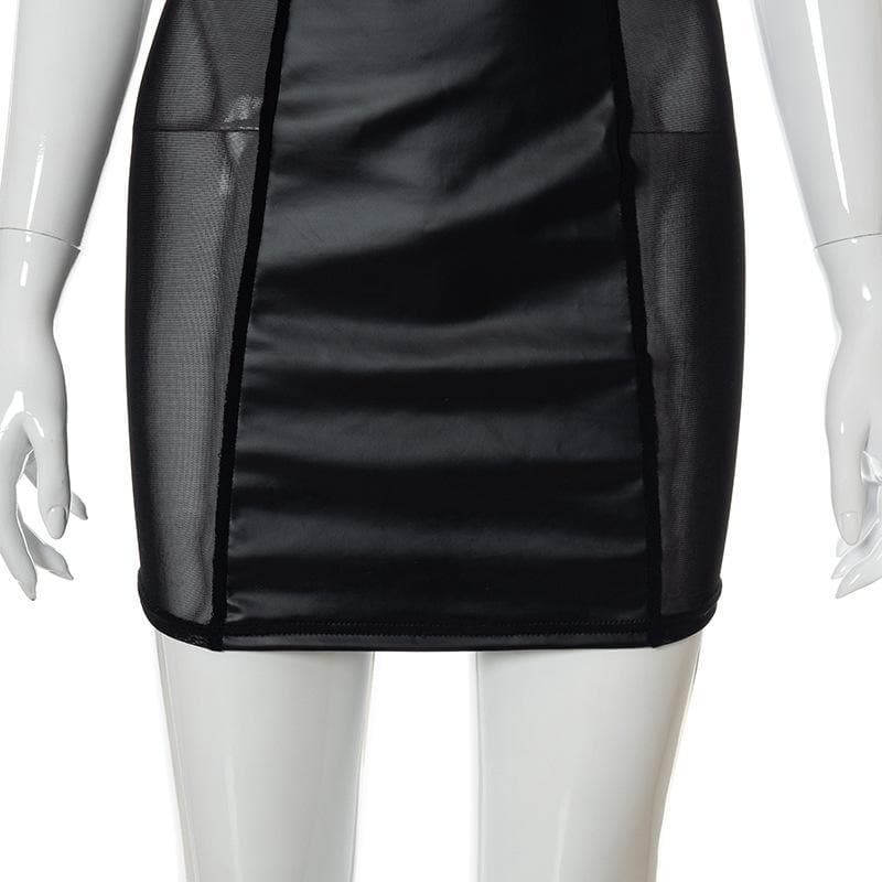Faux Leather Lace Up Halter Neck Mesh Panel Bodycon Mini Dress 5