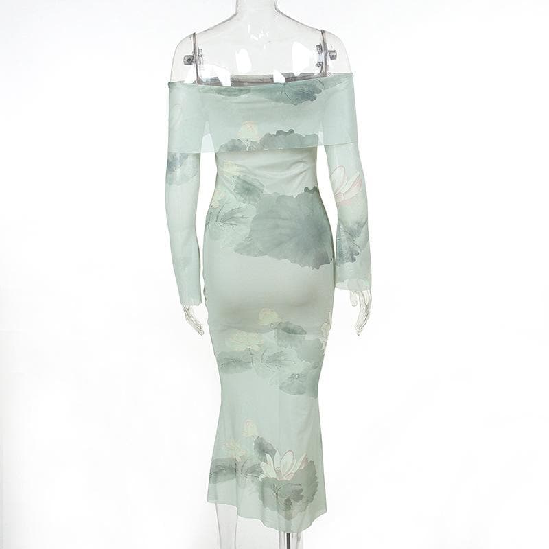 Floral Off Shoulder Long Sleeve Mermaid Maxi Dress