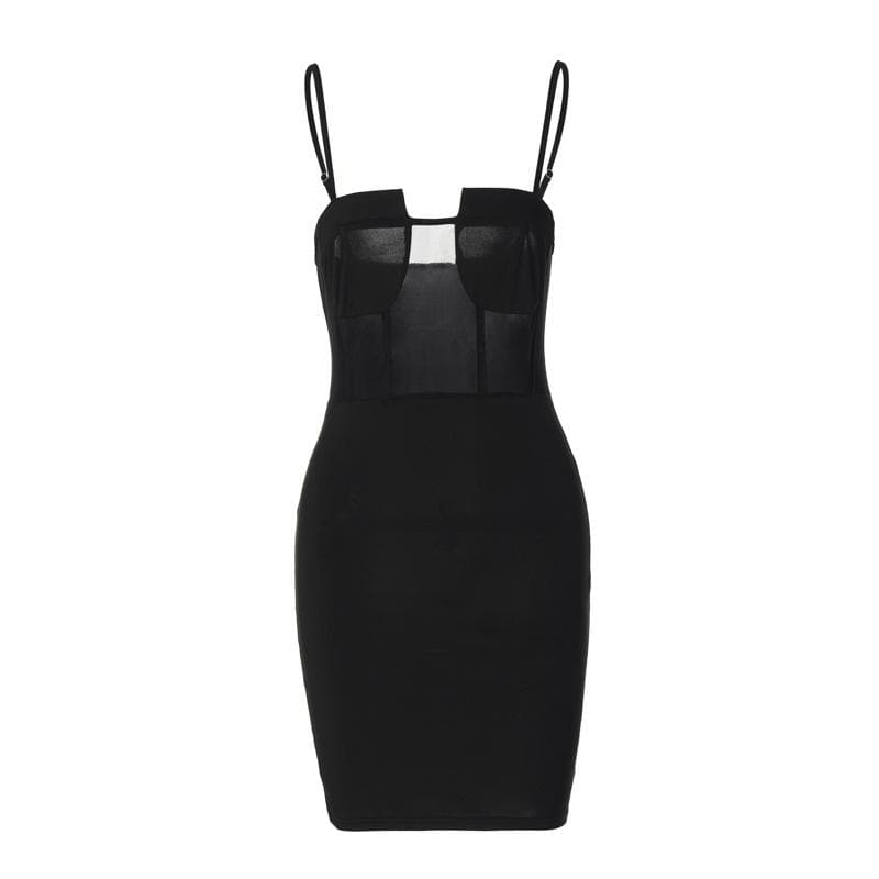 Sheer Mesh Corset Bodice Notch Neck Spaghetti Strap Bodycon Mini Dress