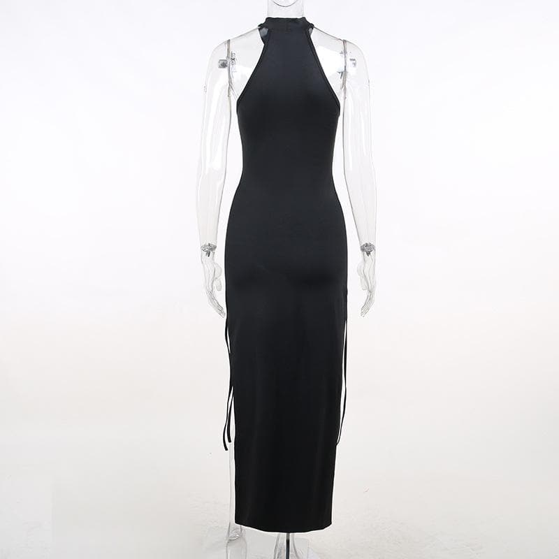 Sleeveless solid hollow out slit lace up midi dress - View 5