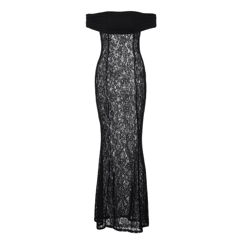 Lace off shoulder see through solid ruched maxi dress 2