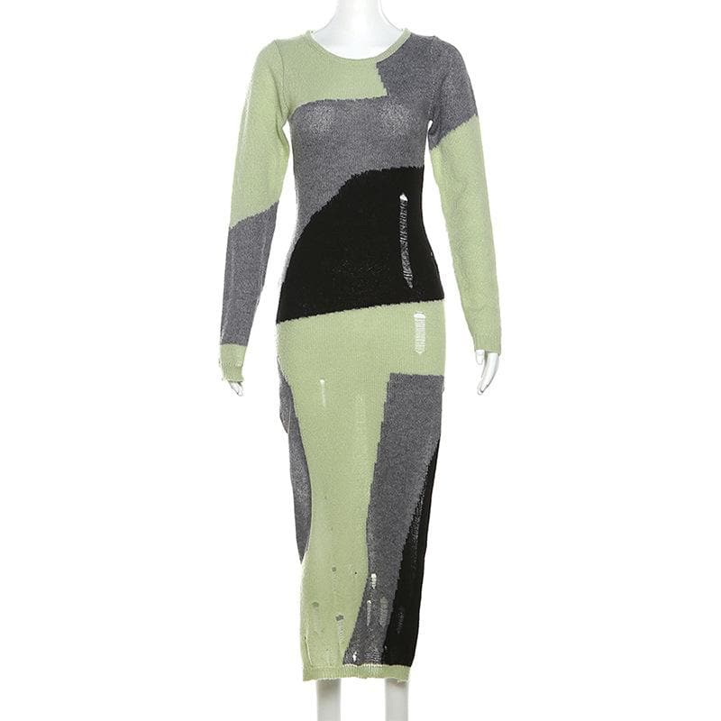 Hollow out crochet long sleeve contrast slit midi dress 2