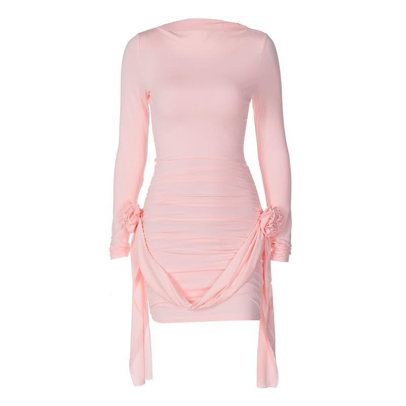 Boat Neck Long Sleeve Ruched Rosette Draped Bodycon Mini Dress