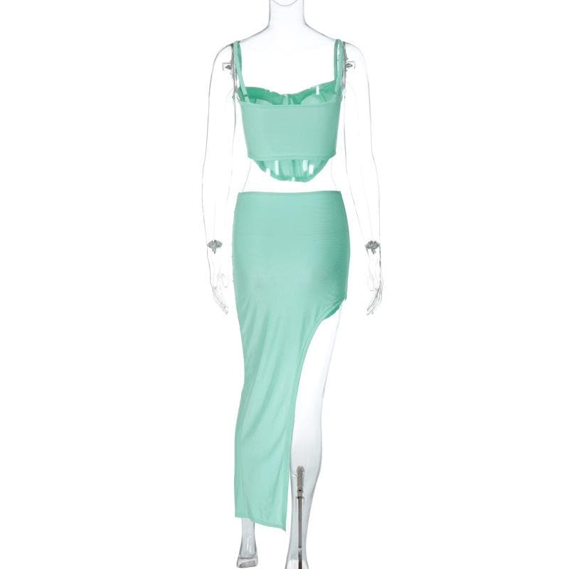 Low Cut Corset Ruched Backless High Split Maxi Dress
