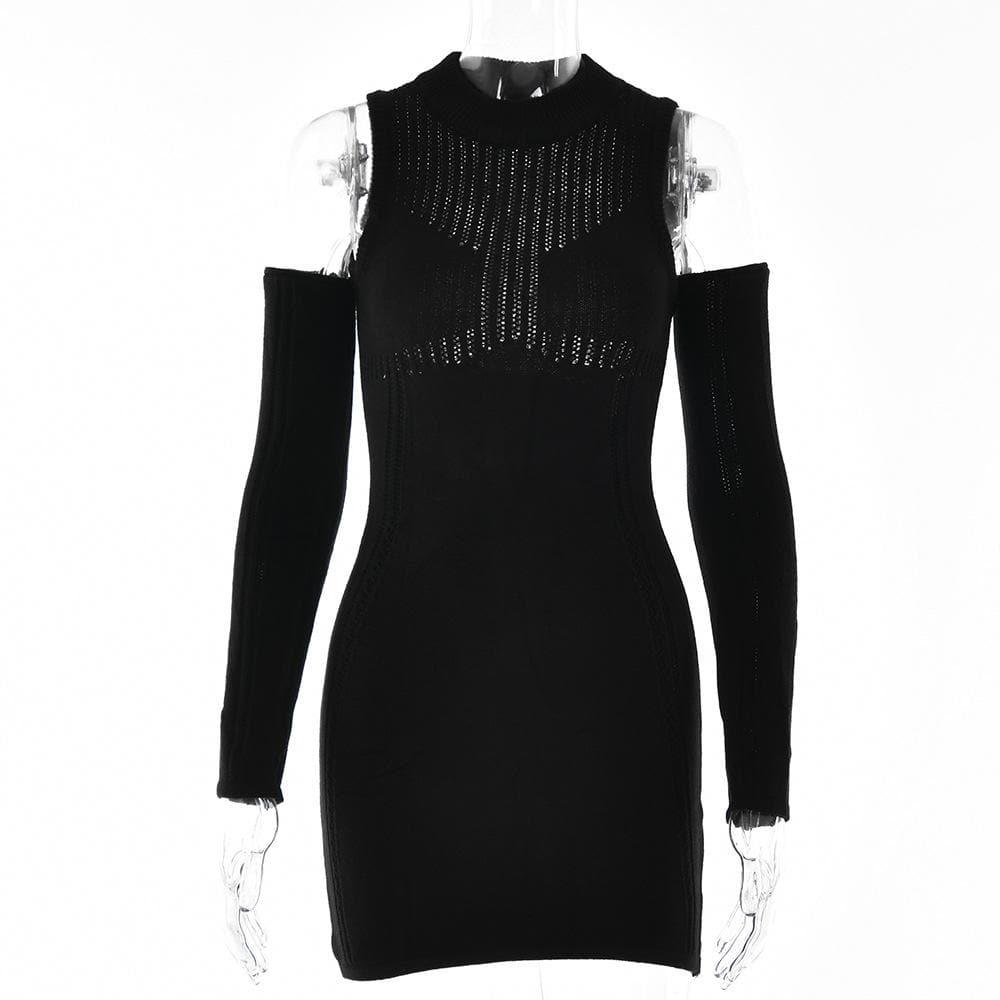 Long sleeve solid off shoulder crochet hollow out mini dress - View 2