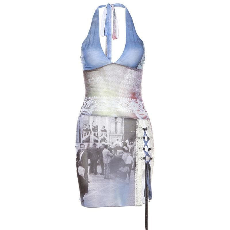 Mesh Print Halter Neck Lace Up Slit Mini Dress