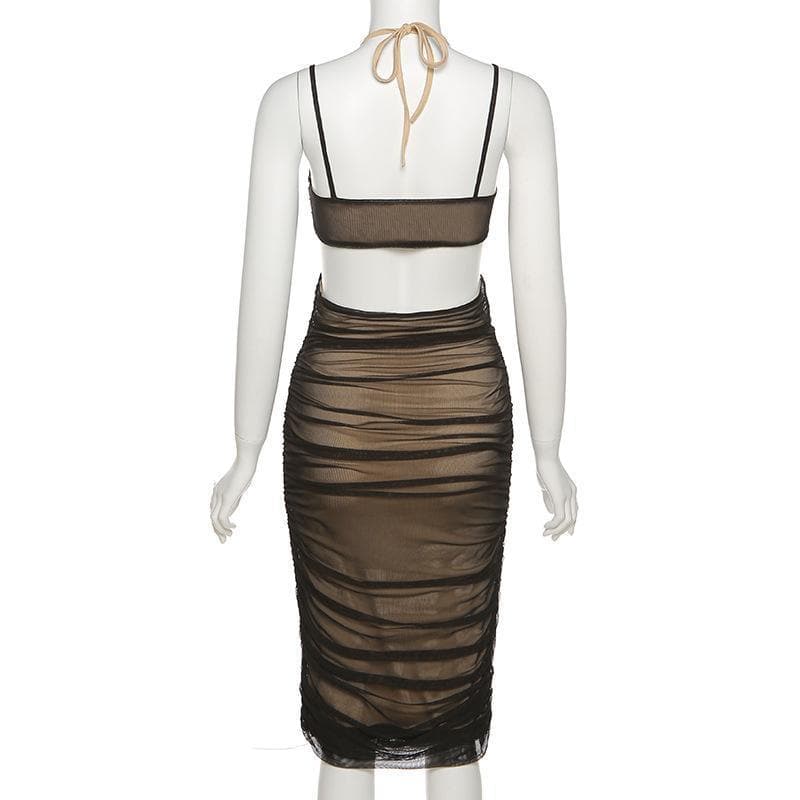 Mesh Halter Neck Cut Out Ruched Bodycon Midi Dress