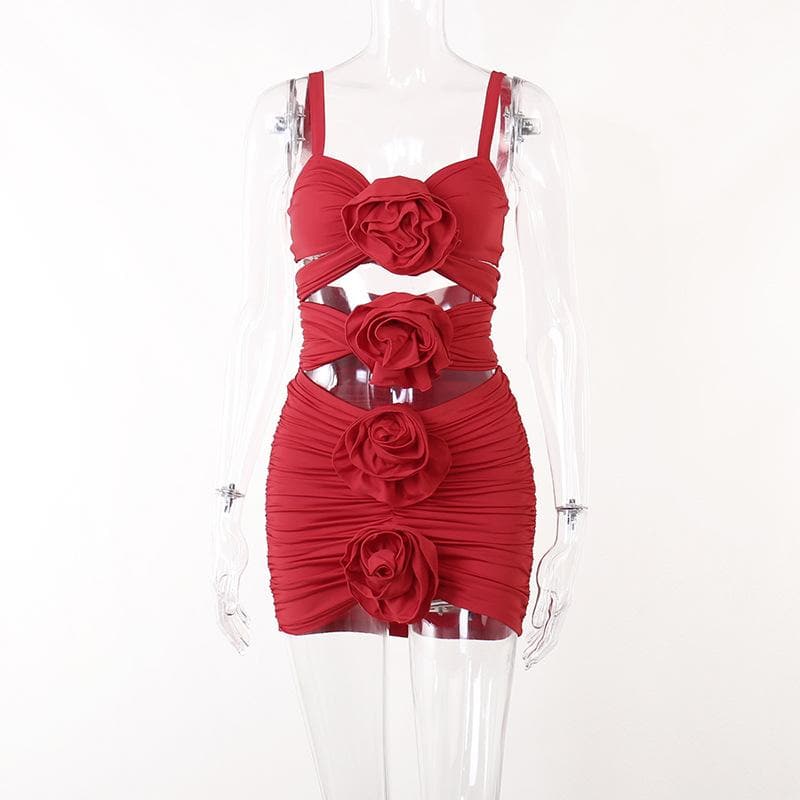Flower Applique Cut Out Ruched Mini Two Piece Set