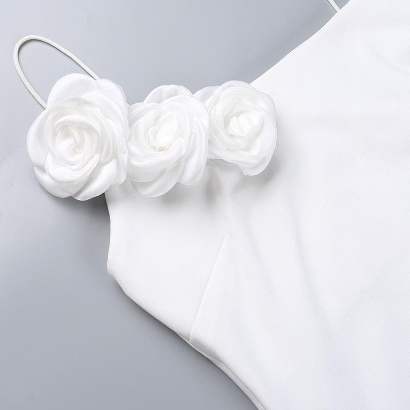 Square Neck Spaghetti Strap Flower Applique Ruched High Split Maxi Dress