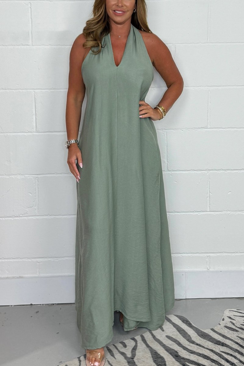 Halter Neck Deep V-Neck Flowy Maxi Dress 3