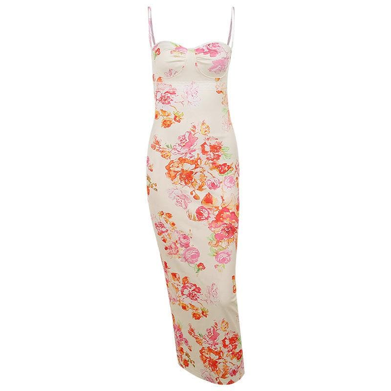Lace hem sweetheart neck flower print contrast cami maxi dress - View 2