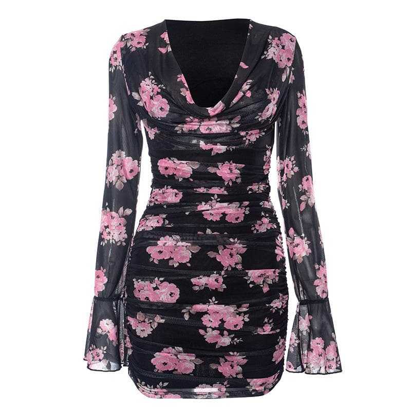 Floral Print Cowl Neck Long Sleeve Ruched Sheer Mesh Mini Dress